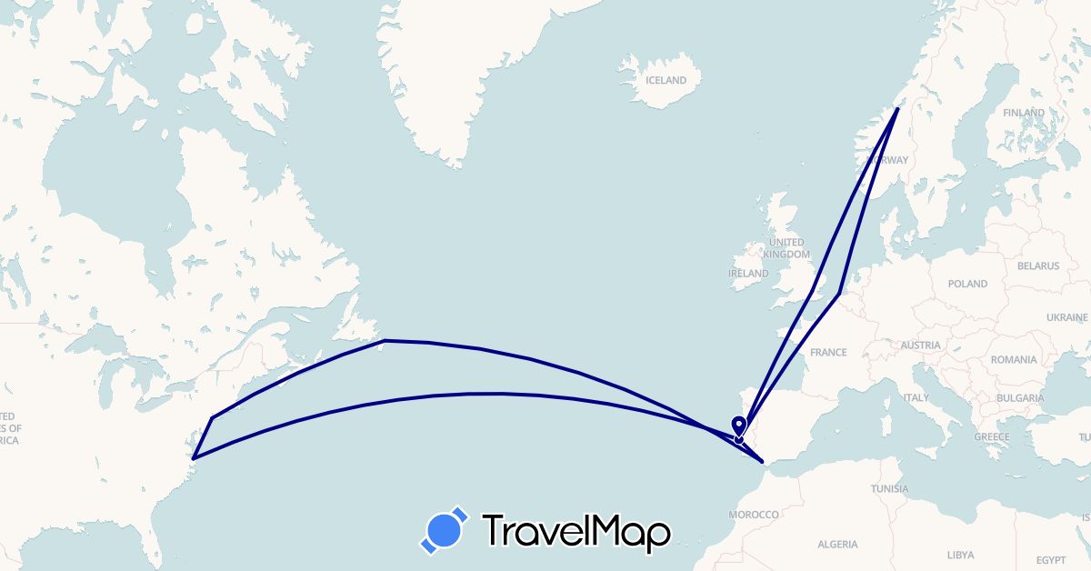 TravelMap itinerary: driving in Belgium, Canada, Spain, United Kingdom, Norway, Portugal, United States (Europe, North America)